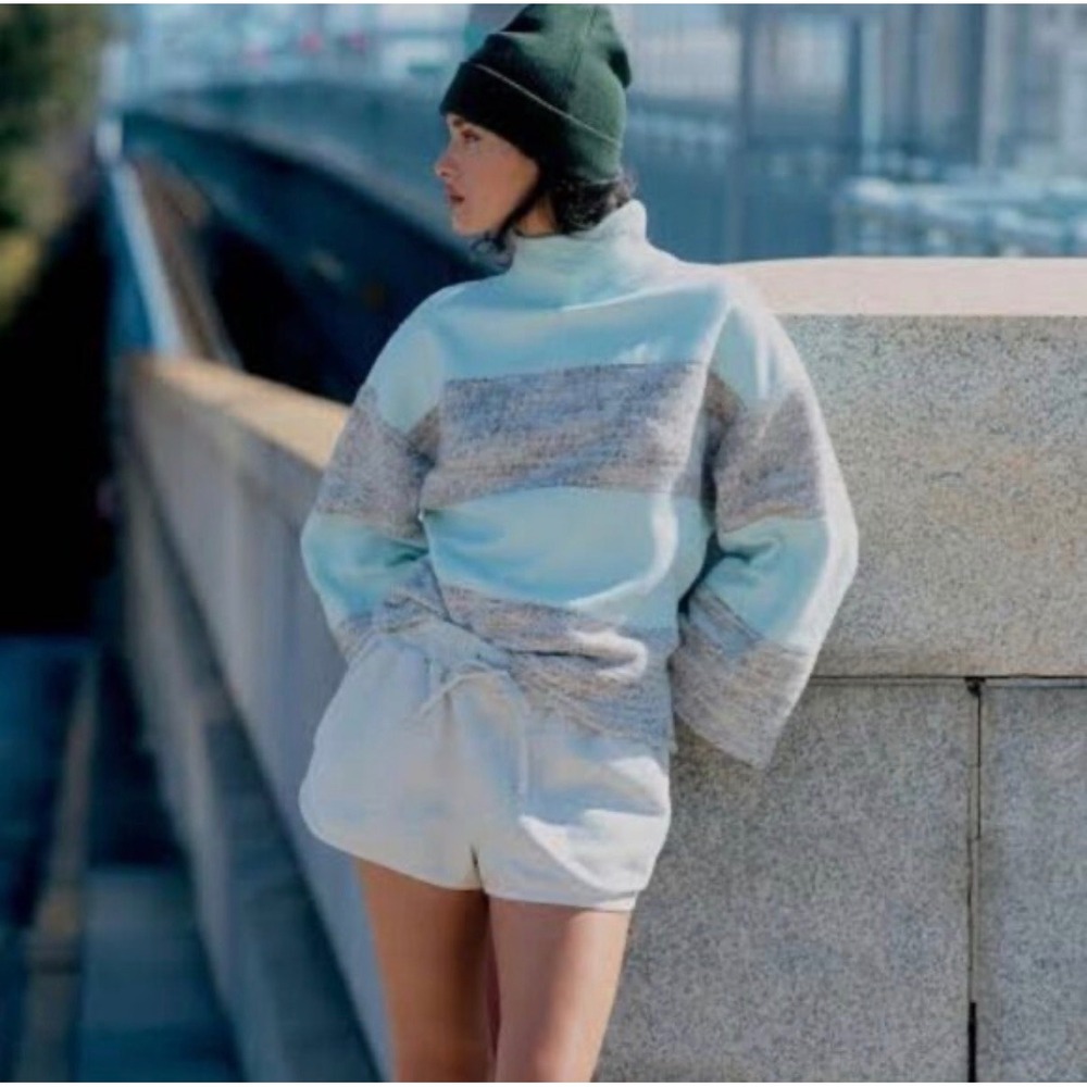 J5 Daily Practice Anthropologie Mint  Striped Roll‎ Neck Bell Sleeve Sweater L